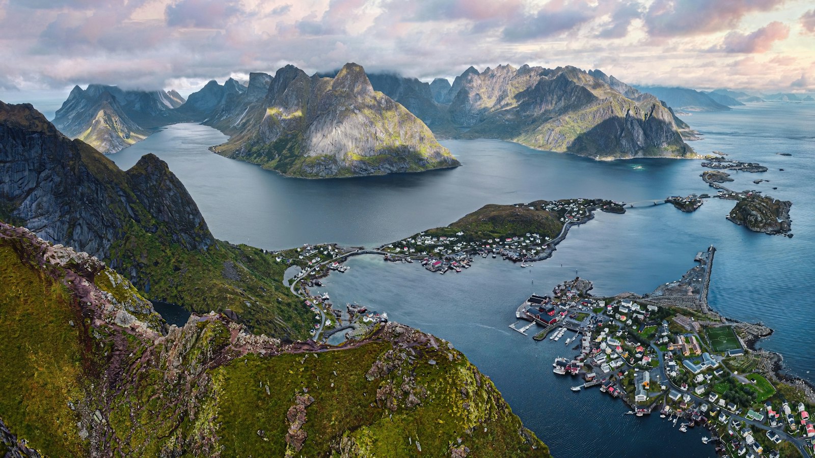 An aerial view of Reinebringen and the Lofoten coast